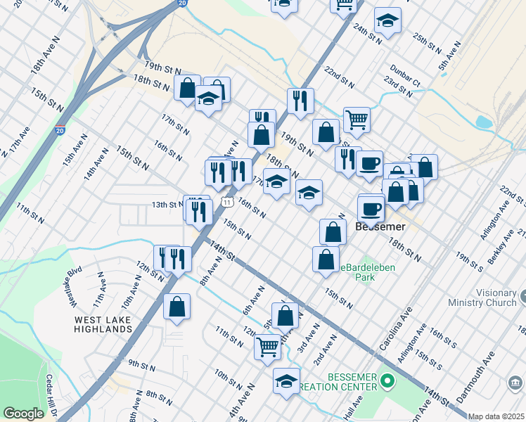 map of restaurants, bars, coffee shops, grocery stores, and more near 700 16th Street North in Bessemer