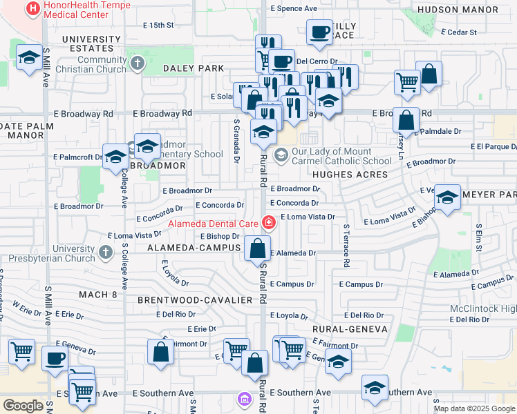 map of restaurants, bars, coffee shops, grocery stores, and more near 2417 South Palm Drive in Tempe