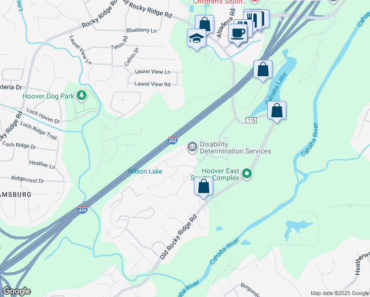 map of restaurants, bars, coffee shops, grocery stores, and more near 3604 Charleston Lane in Vestavia Hills