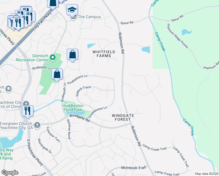 map of restaurants, bars, coffee shops, grocery stores, and more near 600 Doubletrace Lane in Peachtree City