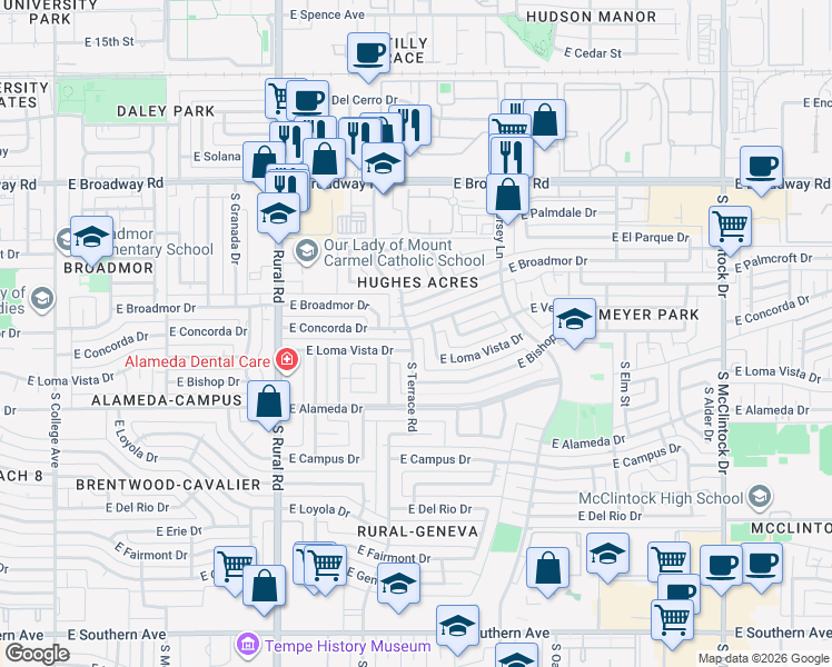 map of restaurants, bars, coffee shops, grocery stores, and more near 2505 South Terrace Road in Tempe