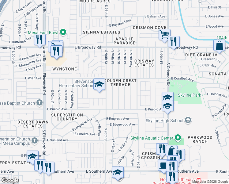 map of restaurants, bars, coffee shops, grocery stores, and more near 720 South 97th Street in Mesa