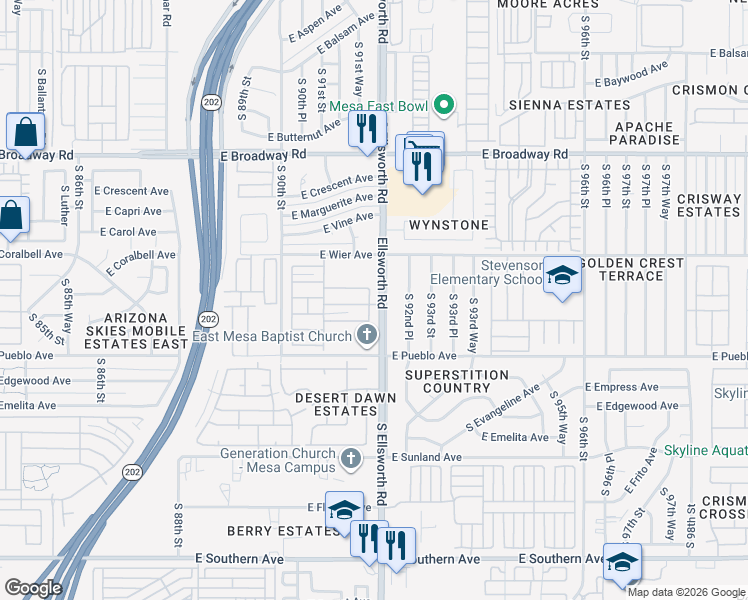 map of restaurants, bars, coffee shops, grocery stores, and more near 665 South 92nd Street in Mesa