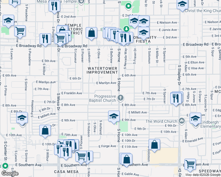 map of restaurants, bars, coffee shops, grocery stores, and more near 716 East 7th Drive in Mesa