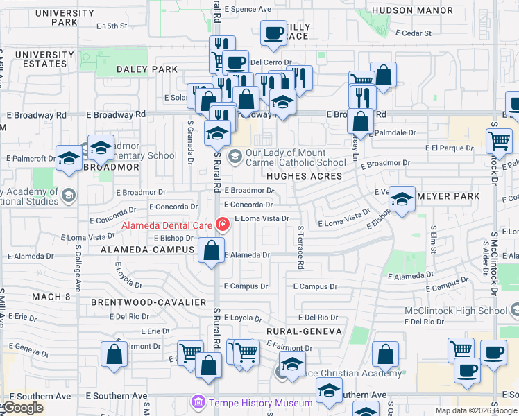 map of restaurants, bars, coffee shops, grocery stores, and more near 2504 South Bonarden Lane in Tempe