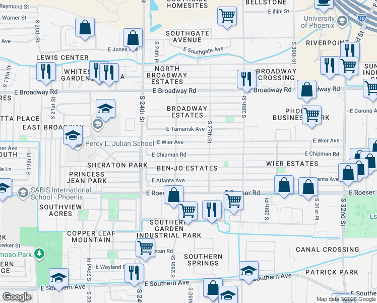 map of restaurants, bars, coffee shops, grocery stores, and more near 2517 East Chipman Road in Phoenix