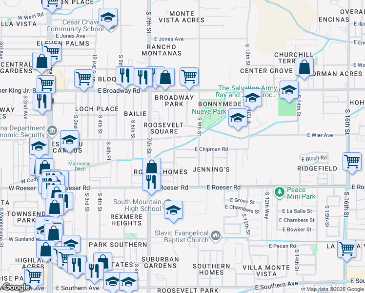 map of restaurants, bars, coffee shops, grocery stores, and more near 805 East Chipman Road in Phoenix