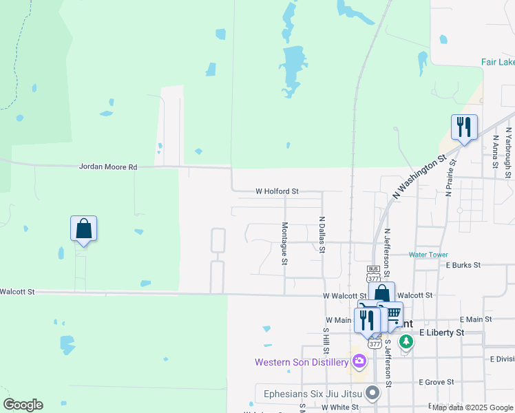 map of restaurants, bars, coffee shops, grocery stores, and more near 648 Gould Street in Pilot Point