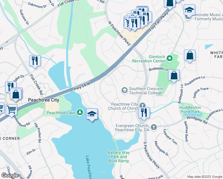 map of restaurants, bars, coffee shops, grocery stores, and more near 108 Brookwood Path in Peachtree City