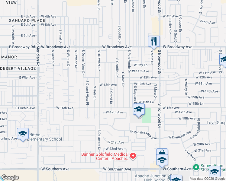 map of restaurants, bars, coffee shops, grocery stores, and more near 1451 South Grand Drive in Apache Junction