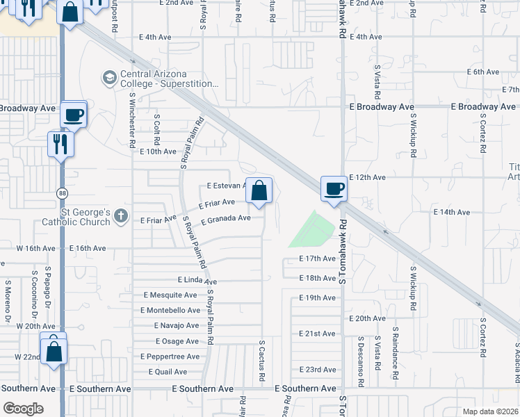 map of restaurants, bars, coffee shops, grocery stores, and more near 1416 South Cactus Road in Apache Junction