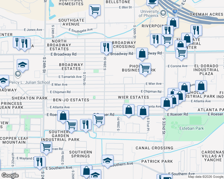 map of restaurants, bars, coffee shops, grocery stores, and more near 2822 East Mobile Lane in Phoenix