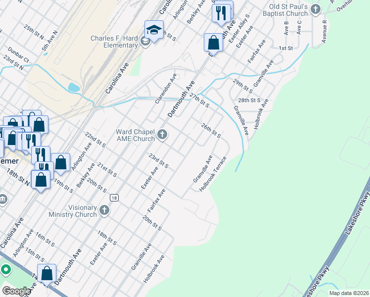 map of restaurants, bars, coffee shops, grocery stores, and more near 2408 Fairfax Avenue in Bessemer
