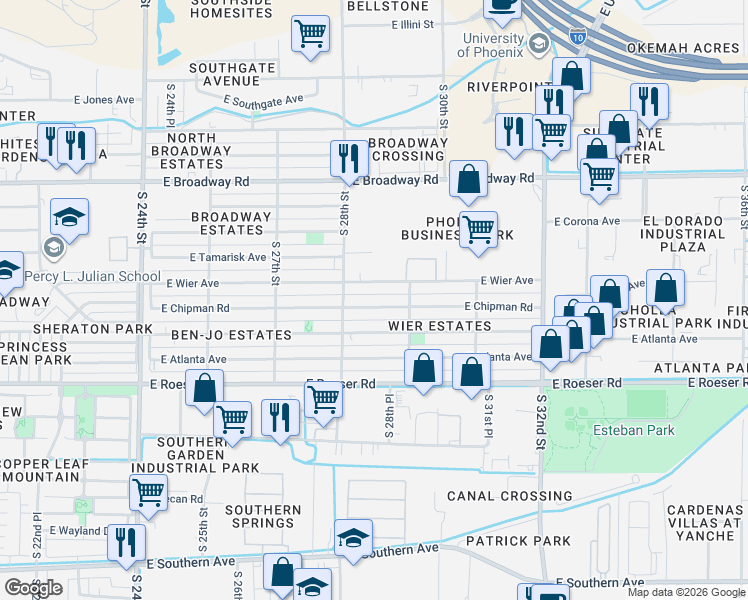 map of restaurants, bars, coffee shops, grocery stores, and more near 2822 East Mobile Lane in Phoenix