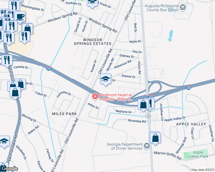 map of restaurants, bars, coffee shops, grocery stores, and more near 3310 Old Louisville Road in Augusta