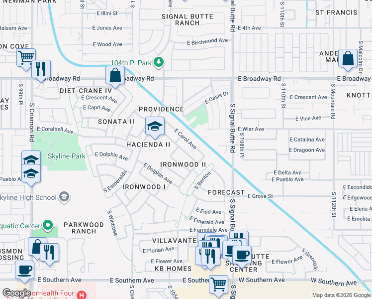 map of restaurants, bars, coffee shops, grocery stores, and more near 10643 East Carmel Avenue in Mesa