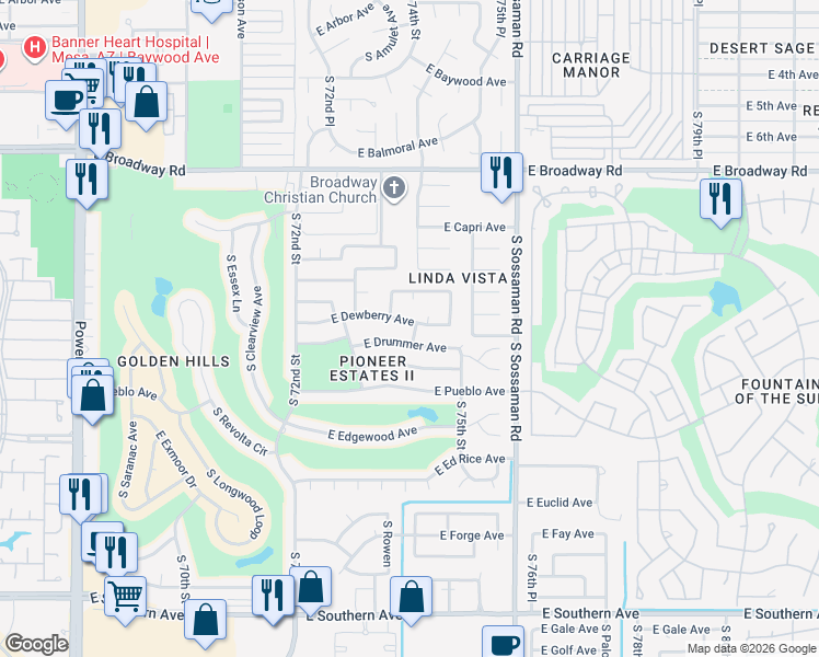 map of restaurants, bars, coffee shops, grocery stores, and more near 7359 East Drummer Avenue in Mesa