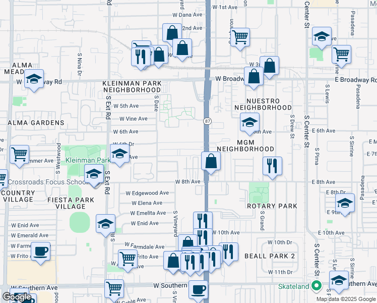 map of restaurants, bars, coffee shops, grocery stores, and more near 650 South Country Club Drive in Mesa