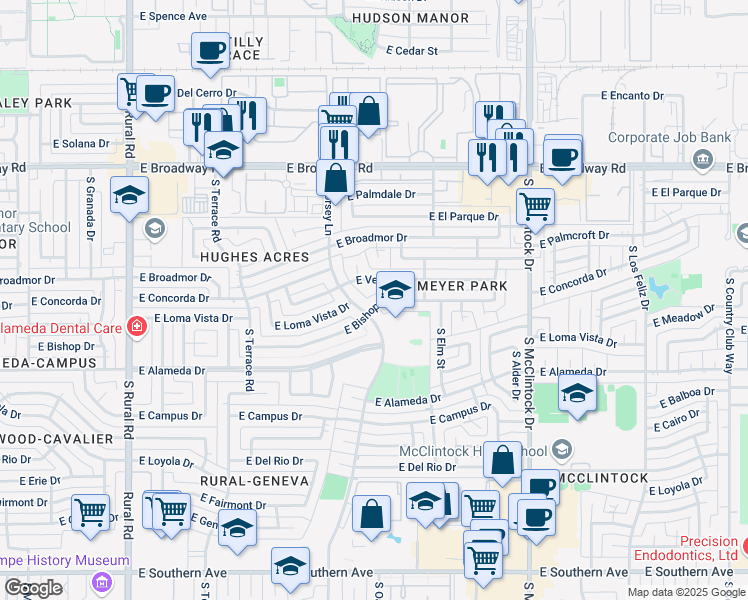 map of restaurants, bars, coffee shops, grocery stores, and more near 2515 East Bishop Drive in Tempe