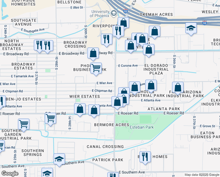 map of restaurants, bars, coffee shops, grocery stores, and more near 3136 East Mobile Lane in Phoenix