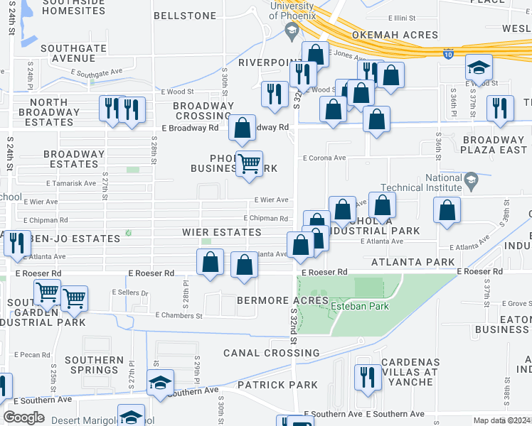 map of restaurants, bars, coffee shops, grocery stores, and more near 3136 East Mobile Lane in Phoenix