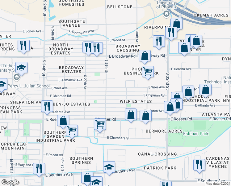 map of restaurants, bars, coffee shops, grocery stores, and more near 2822 East Mobile Lane in Phoenix