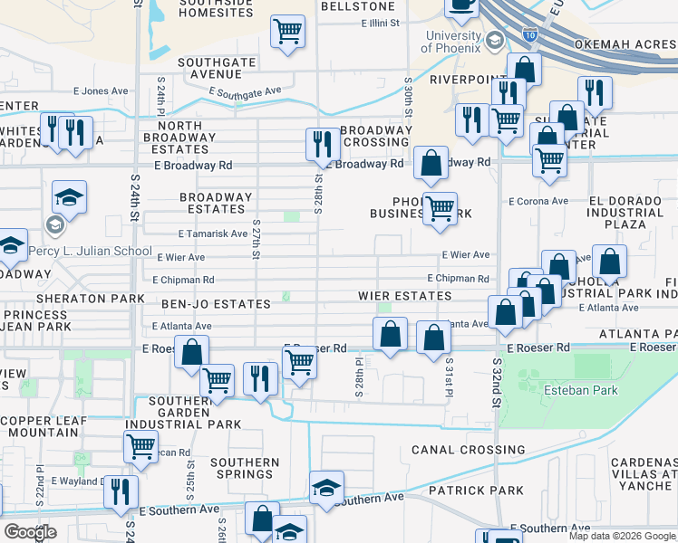 map of restaurants, bars, coffee shops, grocery stores, and more near 2822 East Mobile Lane in Phoenix