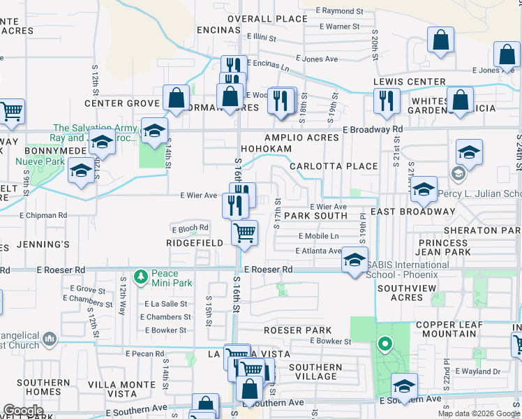 map of restaurants, bars, coffee shops, grocery stores, and more near 4828 South 17th Street in Phoenix
