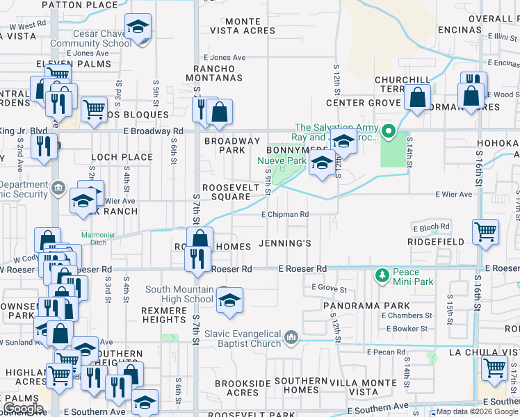 map of restaurants, bars, coffee shops, grocery stores, and more near 4838 South 9th Street in Phoenix