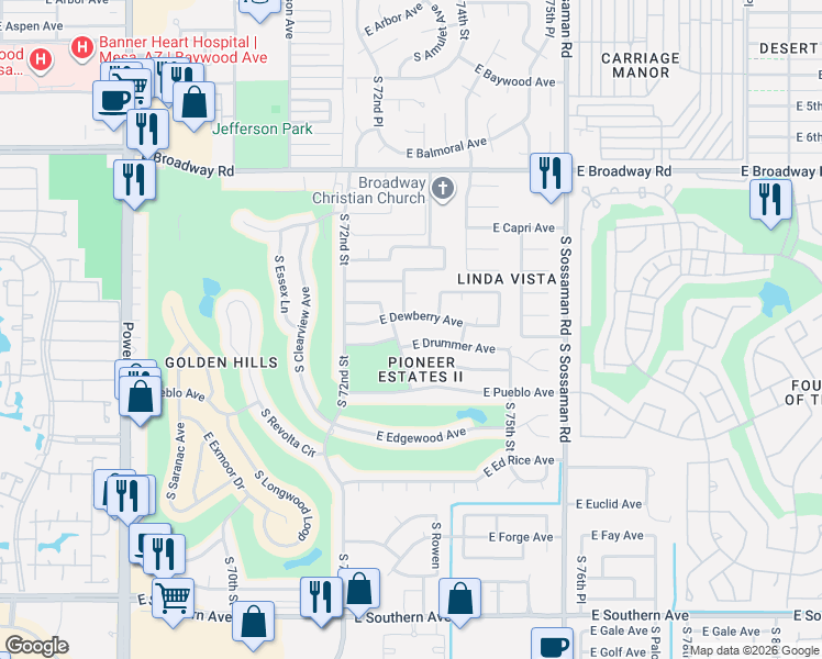 map of restaurants, bars, coffee shops, grocery stores, and more near 7311 East Drummer Avenue in Mesa
