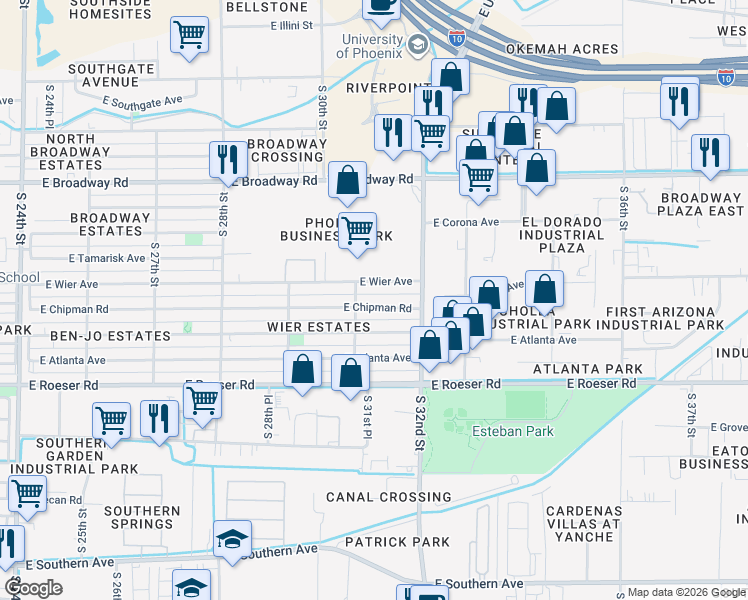 map of restaurants, bars, coffee shops, grocery stores, and more near 3136 East Mobile Lane in Phoenix