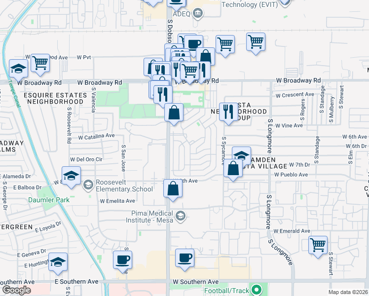 map of restaurants, bars, coffee shops, grocery stores, and more near Holiday Drive in Mesa