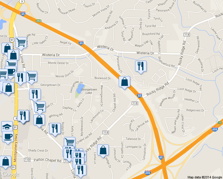 map of restaurants, bars, coffee shops, grocery stores, and more near 3317 Woodley Court in Hoover