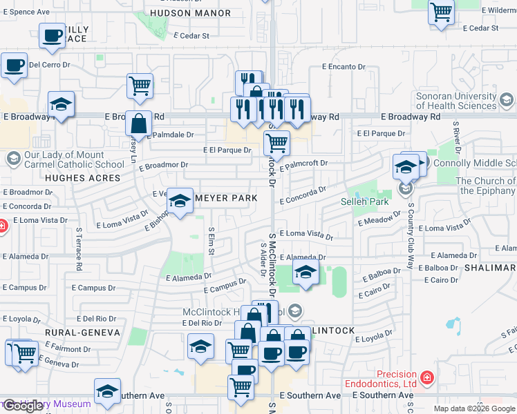 map of restaurants, bars, coffee shops, grocery stores, and more near 2342 South McClintock Drive in Tempe