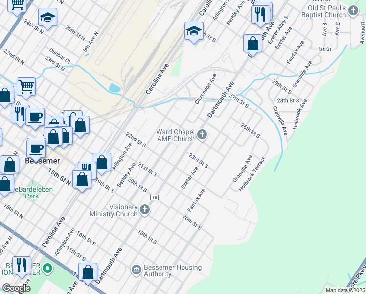 map of restaurants, bars, coffee shops, grocery stores, and more near 2300 Dartmouth Avenue in Bessemer