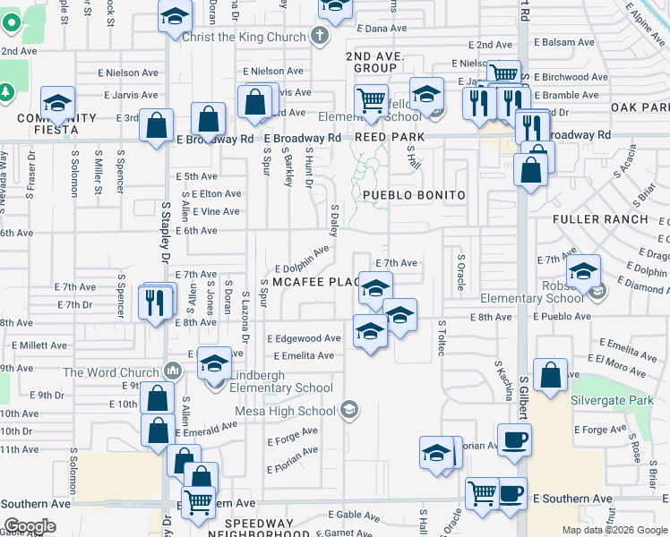 map of restaurants, bars, coffee shops, grocery stores, and more near 1527 East Dolphin Avenue in Mesa