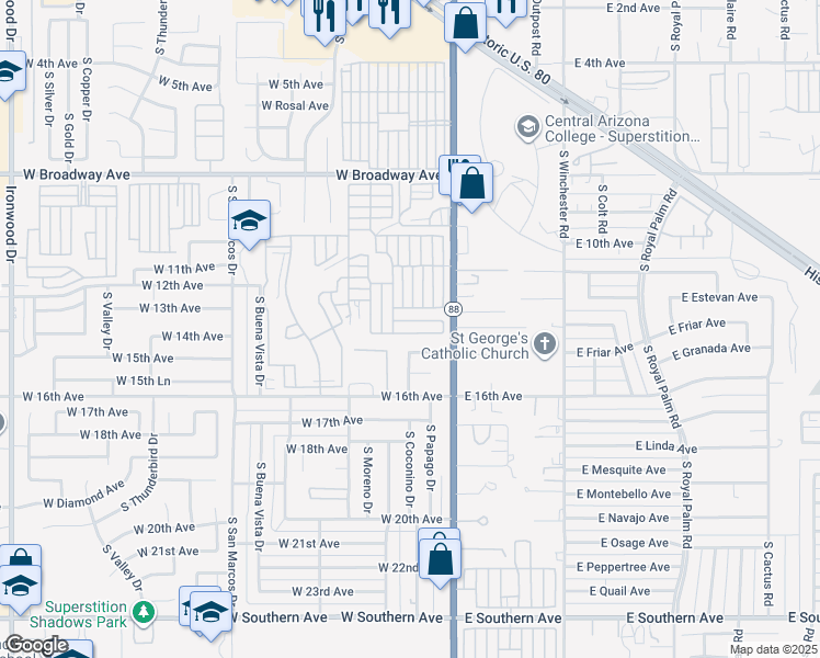 map of restaurants, bars, coffee shops, grocery stores, and more near 1000 South Idaho Road in Apache Junction