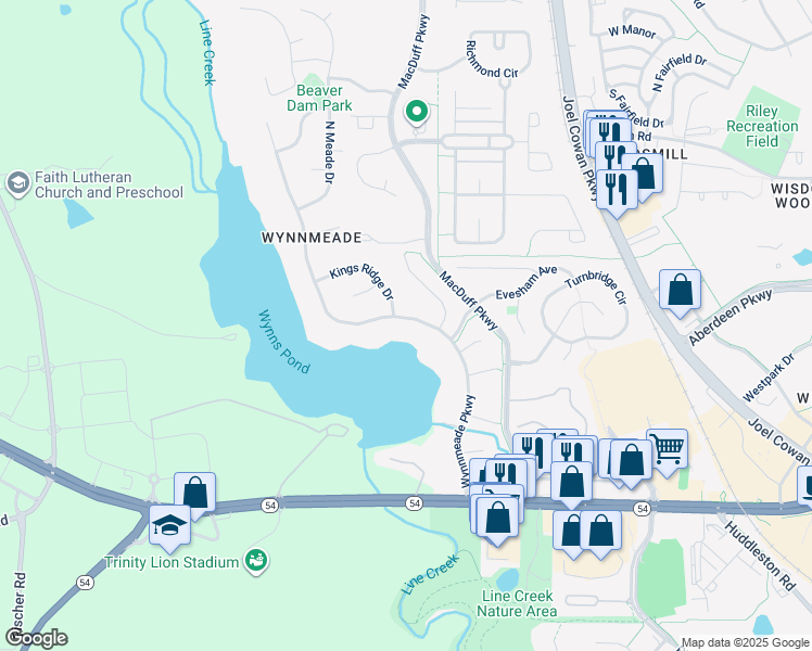 map of restaurants, bars, coffee shops, grocery stores, and more near 145 Wynnmeade Parkway in Peachtree City