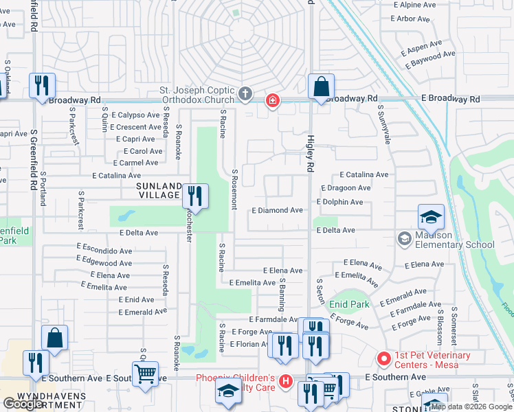 map of restaurants, bars, coffee shops, grocery stores, and more near 542 South Higley Road in Mesa