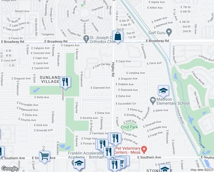 map of restaurants, bars, coffee shops, grocery stores, and more near 5142 East Diamond Avenue in Mesa