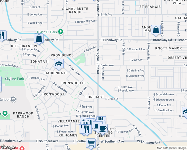 map of restaurants, bars, coffee shops, grocery stores, and more near 618 South Signal Butte Road in Mesa