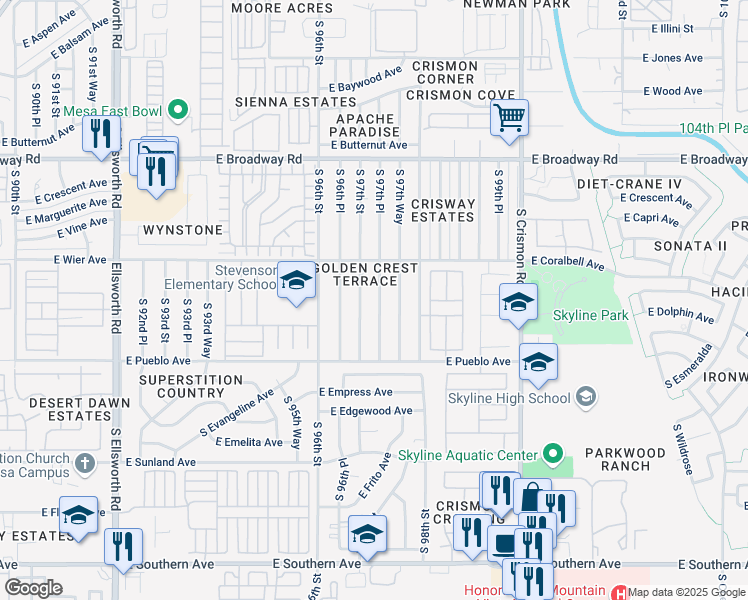 map of restaurants, bars, coffee shops, grocery stores, and more near 625 South 97th Place in Mesa