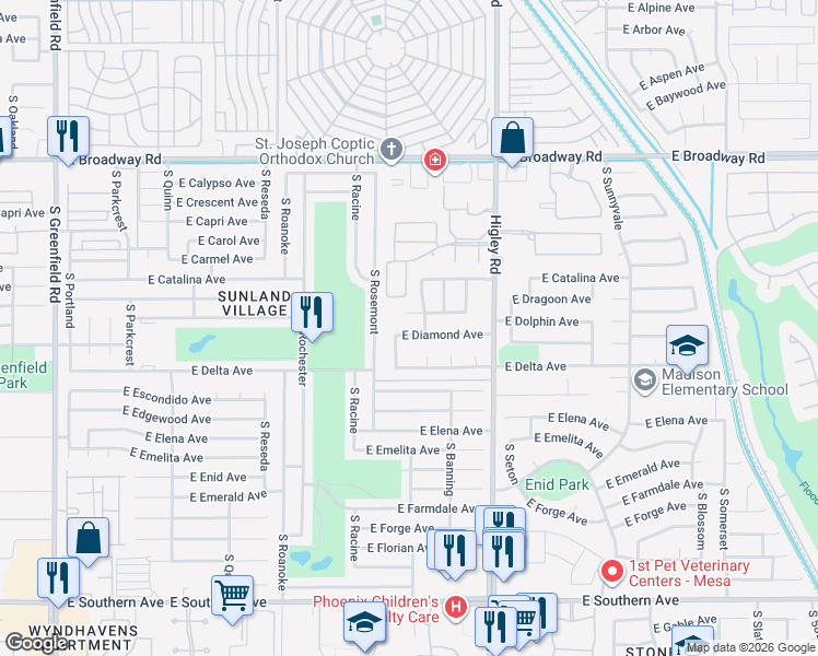map of restaurants, bars, coffee shops, grocery stores, and more near 542 South Higley Road in Mesa