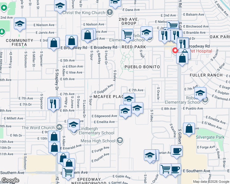 map of restaurants, bars, coffee shops, grocery stores, and more near 1527 East Dolphin Avenue in Mesa