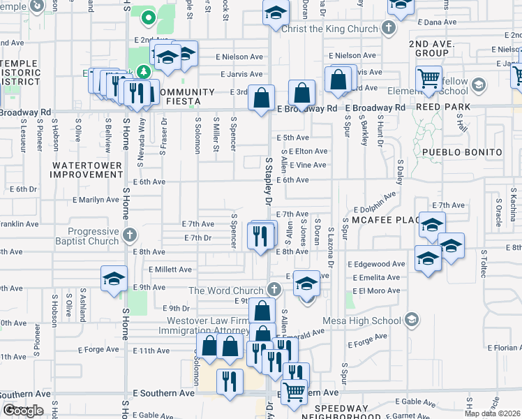 map of restaurants, bars, coffee shops, grocery stores, and more near 622 South Stapley Drive in Mesa