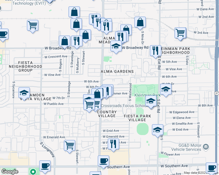 map of restaurants, bars, coffee shops, grocery stores, and more near 601 Crestwood Apartments in Mesa