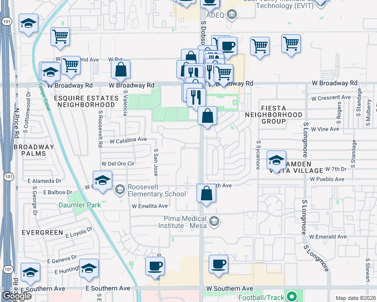 map of restaurants, bars, coffee shops, grocery stores, and more near 600 South Dobson Road in Mesa