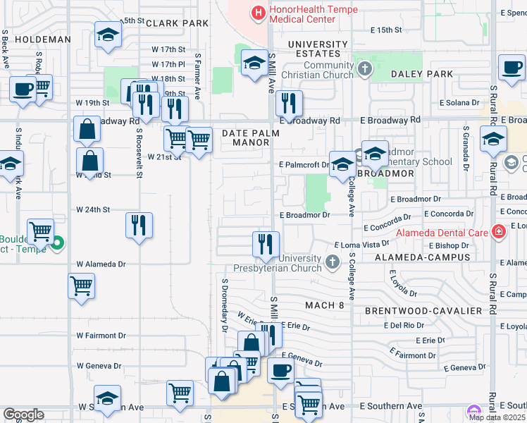 map of restaurants, bars, coffee shops, grocery stores, and more near 2424 South Mill Avenue in Tempe