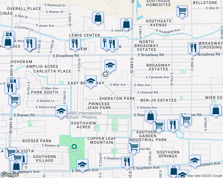map of restaurants, bars, coffee shops, grocery stores, and more near 2220 East Wier Avenue in Phoenix