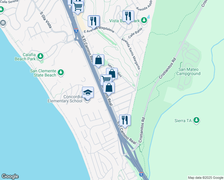map of restaurants, bars, coffee shops, grocery stores, and more near 110 Avenida San Dimas in San Clemente